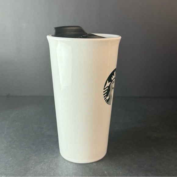 Starbucks 2013 Tall Coffee Mug with Lid White Ceramic Black Mermaid Logo 16 Oz - Picture 2 of 11